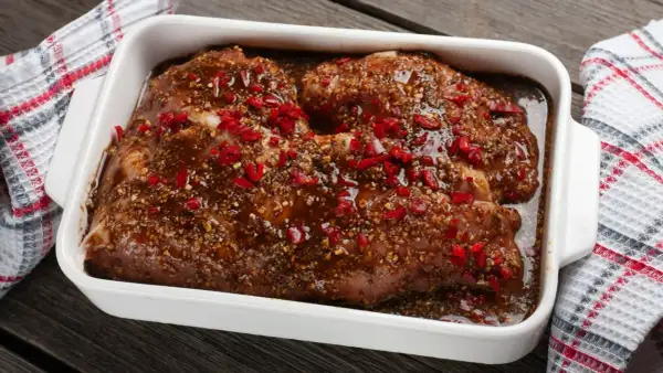 Mięso na uroczysty obiad w marynacie z chili i przyprawami, gotowe do pieczenia.