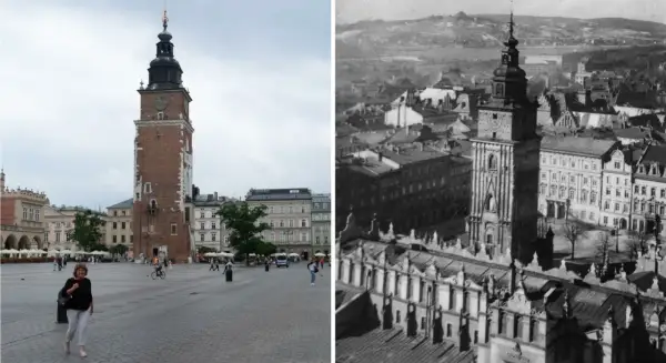Kraków opis miasta: Ratusz na Rynku Głównym dziś i dawniej. W tle widać wzgórza otaczające miasto.