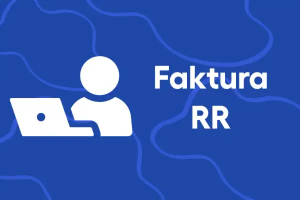 Ikona osoby z laptopem i napis "Faktura RR" na niebieskim tle z falami.