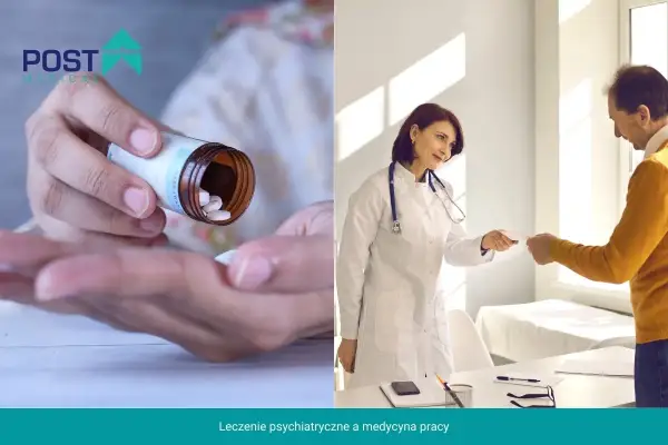 Leczenie psychiatryczne a praca: lekarz przekazuje pacjentowi receptę, a w tle widać dłoń z tabletkami.