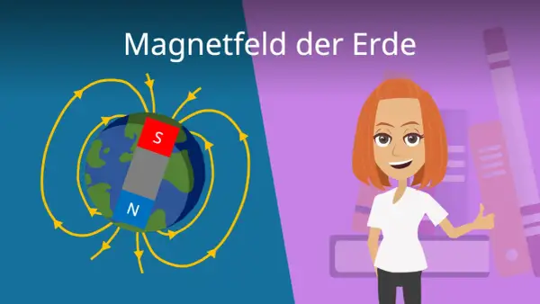 Die Erde mit einem Stabmagneten, der das Magnetfeld der Erde symbolisiert. Eine Frau mit roten Haaren gibt einen Daumen hoch.