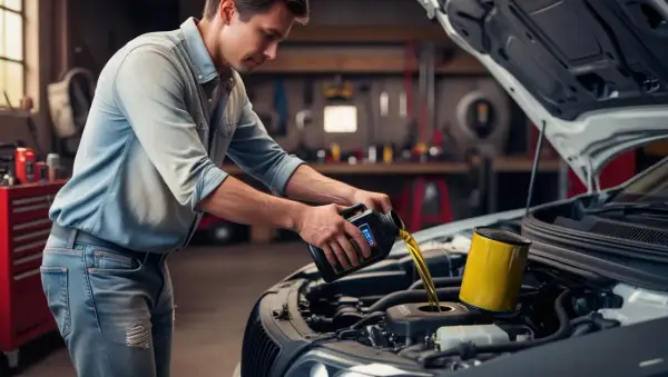 Uomo versa olio motore nuovo in un'auto. Manutenzione essenziale per il cambio olio motore.