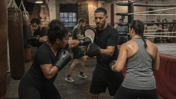 A boxing coach trains a woman, demonstrating what weight is middleweight. Other boxers train in the background.