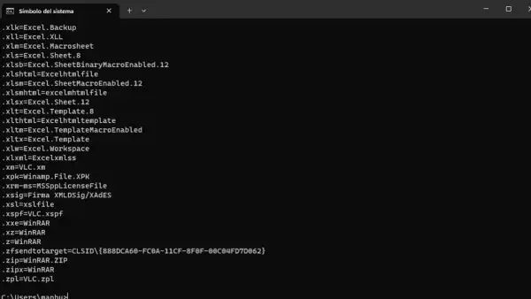 Lista de extensiones de archivo y sus programas asociados, como Excel y WinRAR, en una ventana de comandos.