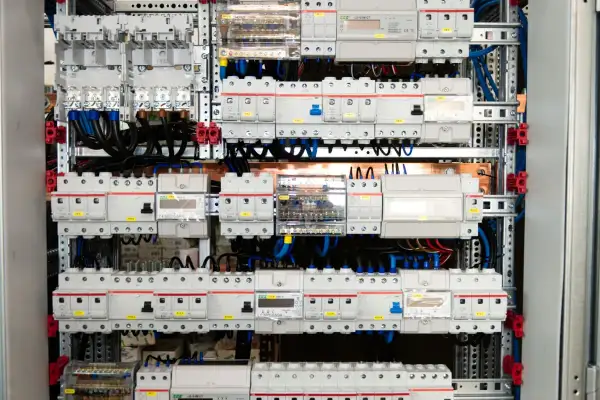 Panel elektryczny z licznymi wyłącznikami i zabezpieczeniami, połączonymi przewodami. Widać tu szyny elektryczne, które stanowią podstawę montażu.