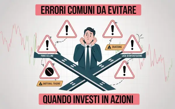 Evita errori comuni quando investi in azioni: panico, trading emotivo, mancanza di diversificazione. Un uomo preoccupato è circondato da segnali di pericolo.
