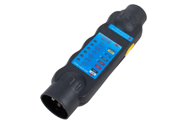 Testeur de prise remorque 7 broches, utile pour diagnostiquer un problème de connexion. Indique les fonctions des feux.