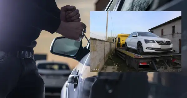 Próba kradzieży samochodu zakończona. Białe auto na lawecie, złodziej zatrzymany.