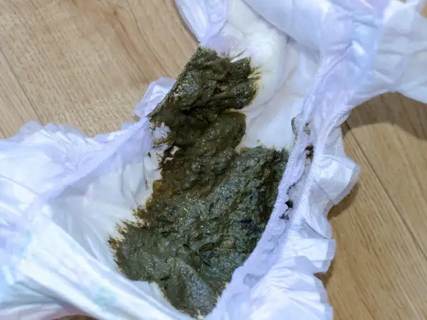 Zielona kupa w pieluszce, która wymaga zmiany.