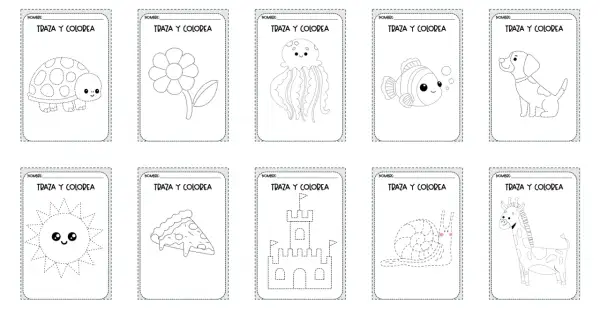 Actividades de grafomotricidad divertida: traza y colorea una tortuga, flor, medusa, pez, perro, sol, pizza, castillo, caracol y jirafa.