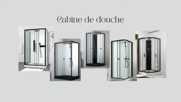 Cinq modèles de cabine de douche modernes avec cadres noirs et parois en verre. Idéal pour changer votre salle de bain.