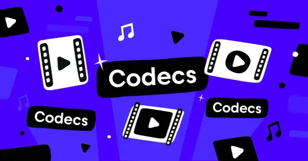 Play icons and film strips surround the word "Codecs," hinting at video file formats like .avi.