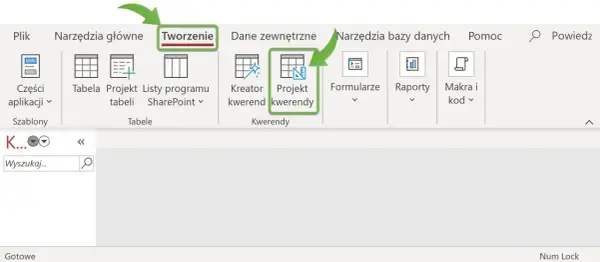 Narzędzie "Projekt kwerendy" w zakładce "Tworzenie" pozwala na budowanie złożonych zapytań do bazy danych.