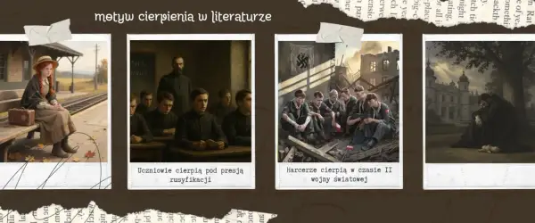 Dziewczynka na dworcu, uczniowie w szkole, harcerze wśród ruin i pogrążony w żałobie mężczyzna – obrazy ukazujące motyw cierpienia w literaturze.