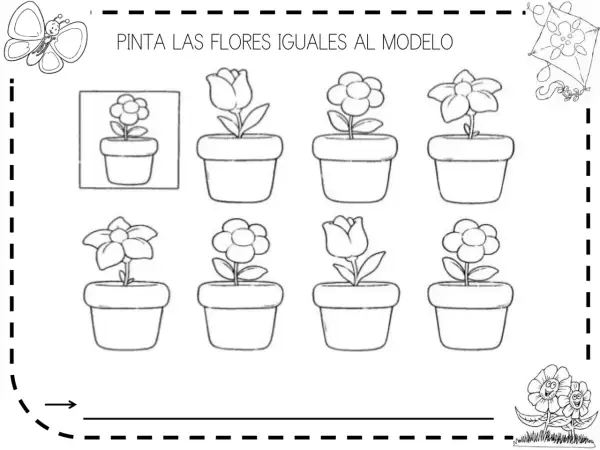 Fichas primavera: dibuja las flores iguales al modelo. Mariposa, cometa y flores en macetas para colorear.
