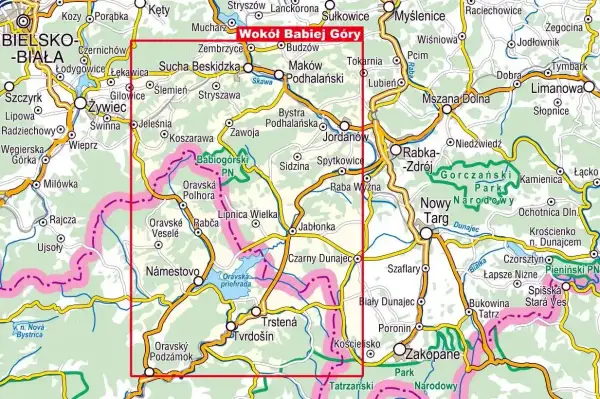 Mapa turystyczna z zaznaczonym obszarem wokół Babiej Góry, obejmującym Beskid Żywiecki, Orawę i Tatry.