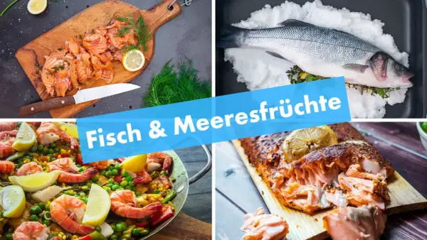 Vier köstliche Fischgerichte: Lachs auf Holzbrett, ganzer Fisch in Salz, Paella mit Garnelen und gebratenes Lachsfilet.