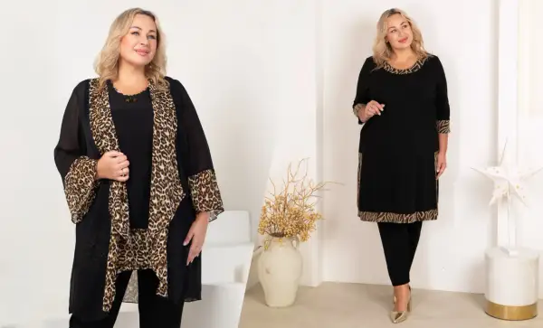 Eleganckie tuniki duże rozmiary z panterkowym wzorem. Modelka prezentuje czarną tunikę z siateczkową narzutką i drugą, prostą tunikę z ozdobnymi wstawkami.