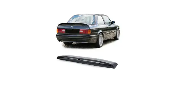Czarne BMW E30 z zamontowanym spoilerem na klapie bagażnika i osobno pokazana lotka.