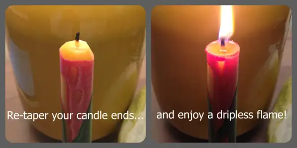 Two images of a red and yellow candle. The left shows an unlit candle with a burnt wick. The right shows a lit candle with a clean flame, demonstrating what are dripless candles.