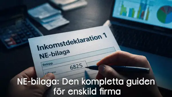 Hand fyller i NE-bilaga för enskild firma deklaration. Kalkylator och diagram syns i bakgrunden.