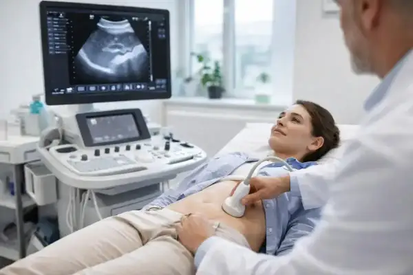 Kobieta leży na kozetce, lekarz wykonuje USG brzucha. Obraz na monitorze pokazuje narządy wewnętrzne.