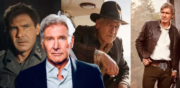 Harrison Ford in verschiedenen Rollen, darunter Indiana Jones, mit Hut und Lederjacke.