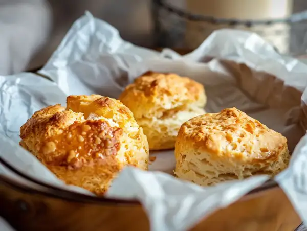 Tre gyllene, lätta scones ligger i ett papper. Perfekta för en fika.