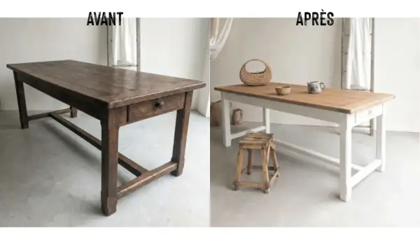 Avant/Après : une table rustique patinée par le temps transformée en une pièce lumineuse, une belle décoration sur bois.