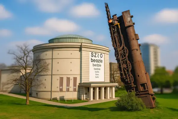 Rdzewiejący pociąg przechyla się obok budynku muzeum we Wrocławiu. Obok znajduje się kawiarnia.