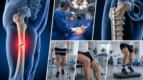 Fracture du fémur, chirurgie, plaque vissée, rééducation avec déambulateur, puis exercices pour retrouver la mobilité. Conséquence d'un fémur cassé.