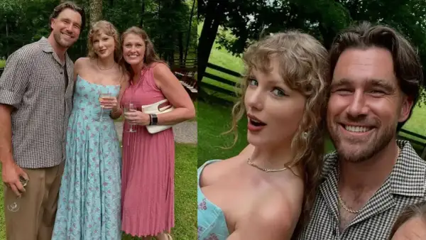 Taylor Swift y su pareja, Travis Kelce, sonríen en una boda. Ella lleva un vestido floral azul y él una camisa a cuadros.
