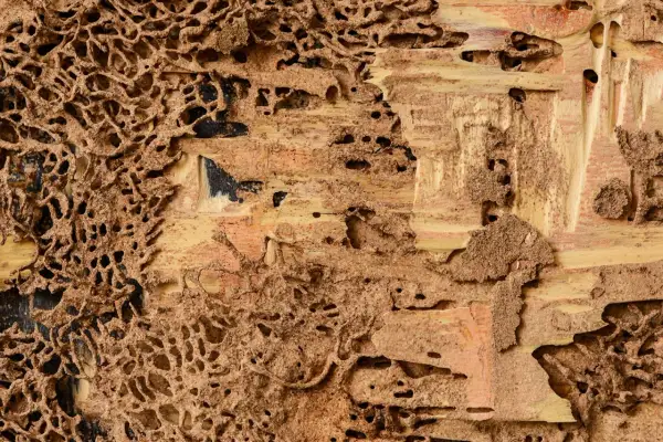 Struttura complessa di gallerie scavate dalle larve di termiti nel legno, con terra e detriti che formano un intricato nido.