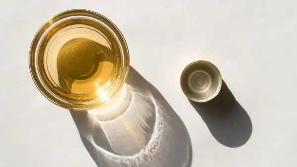 Ein Glas mit goldenem Apfelessig steht neben seinem Deckel. Sonnenschein wirft interessante Schatten. Bereit, Apfelessig zu trinken.