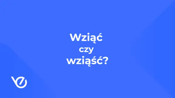 Wziąć czy wziąść? Dylemat językowy na niebieskim tle z logo.