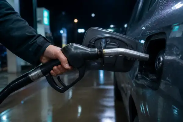 Main tenant une pompe à essence pour remplir ma voiture. Je me demande si je prends du e5 ou du e10 pour ma voiture.