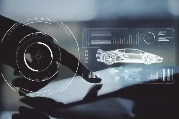 Interfaz futurista con un coche en 3D y gráficos, mostrando el desarrollo de sistemas de seguridad coche.
