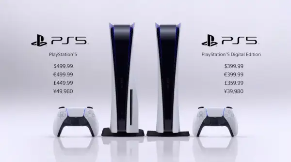 Zwei PS5-Konsolen, eine Standard und eine Digital Edition, mit Preisen für den PS5 Release.