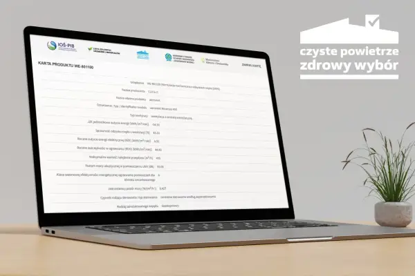 Karta produktu WE-801150 z danymi o wentylacji, wskazująca na możliwość uzyskania dotacji na ekologiczne rozwiązania.