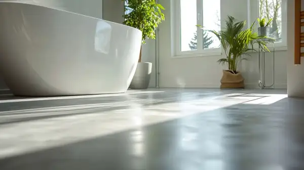 Solen lyser upp ett modernt badrum med fristående badkar och växter. Golvet är av microcement på våtrumsmatta, vilket ger en stilren och hållbar yta.