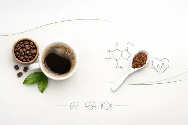Kawa, ziarna, liście i wzór chemiczny kofeiny. Co to jest kofeina? To pobudzający związek obecny w kawie, który wpływa na nasze samopoczucie.