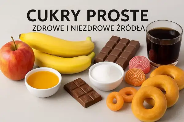 Jabłko, banany, miód, cukier, czekolada, pączki, żelki i napój. Różne źródła cukrów prostych – zdrowe i niezdrowe.