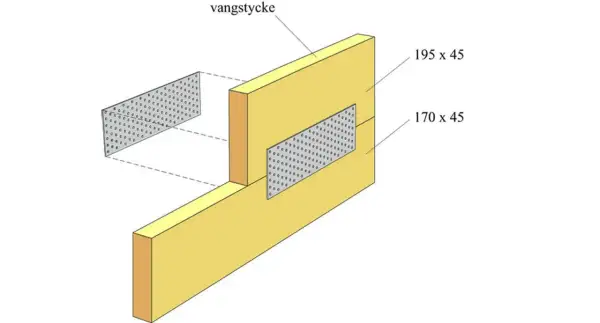 Detaljerad illustration av hur man kan bygga trappa utan vangstycke med hjälp av metallplåtar och träreglar.