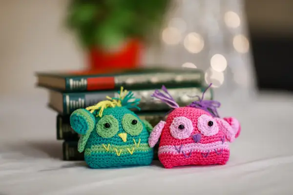 Due gufi all'uncinetto, uno verde e uno rosa, seduti davanti a libri antichi. Un dolce schema per creare questi simpatici amici.