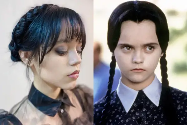 Dwie wersje ikonicznej fryzury Wednesday Addams: nowoczesna stylizacja z warkoczem i klasyczna peruka z dwoma warkoczami.