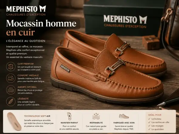 Mocassins homme Mephisto en cuir marron, avec une semelle en cuir souple et une semelle intérieure Soft-Air pour un confort optimal.