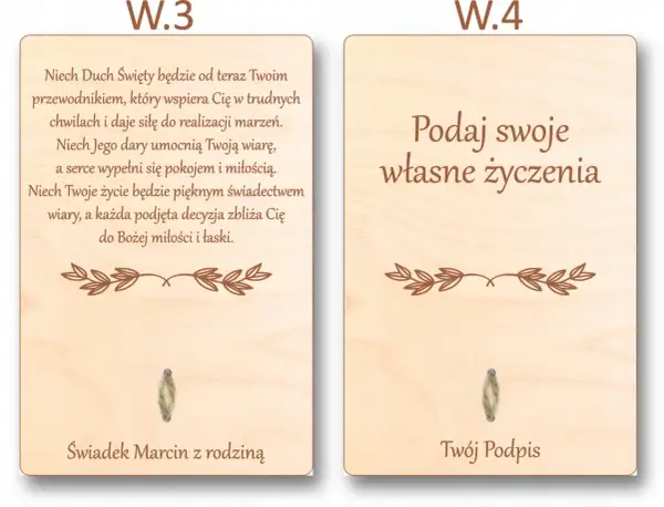 Drewniane kartki z życzeniami na bierzmowanie. Jedna zawiera błogosławieństwo od świadka Marcina, druga miejsce na własne życzenia.