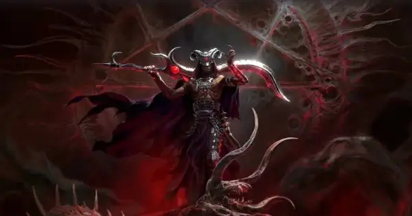 Mroczna postać z rogami i kosą, otoczona demonami i krwistą poświatą. Najnowsze diablo 4 news.