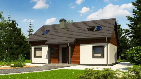 Nowoczesny domek 5x7 z poddaszem, z drewnianą elewacją i dużymi oknami, otoczony zielenią.