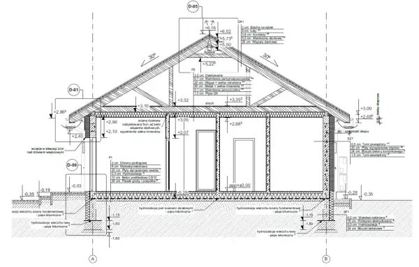 Przekrój budynku z detalami konstrukcyjnymi, uwzględniający warstwy izolacji i materiałów. Projekt architektoniczno budowlany.